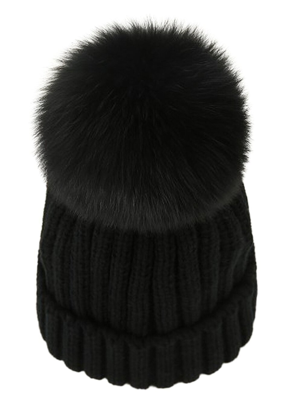 2809 Winter Knit Beanie Hat with Real Fox Fur Pom Pom Chunky Snow Cap Girls